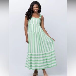 Elegant Green and White Striped Maxi Dress